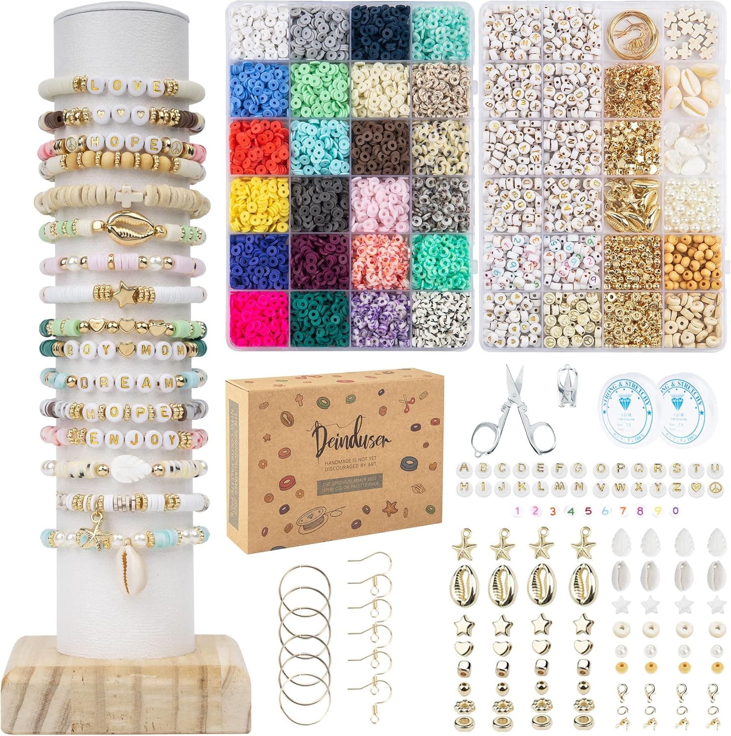 Deinduser Bracelet Making Kit, 7200pcs Clay Beads, 24 Colors 2 Boxes Beads for Bracelets with Letters, Numbers, Spacers
