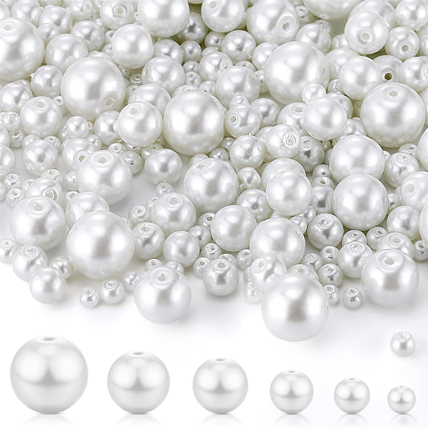 Sureio 1000 Pcs Glass Pearl Beads for Jewelry Making 6 Sizes Satin Luster Round Loose Faux Pearls (White)