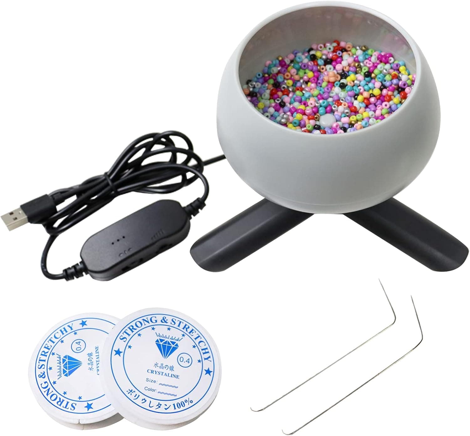 Electric Bead Spinner Adjustable Speed Beading Bowl with Curved Beading Needles and Elastic String
