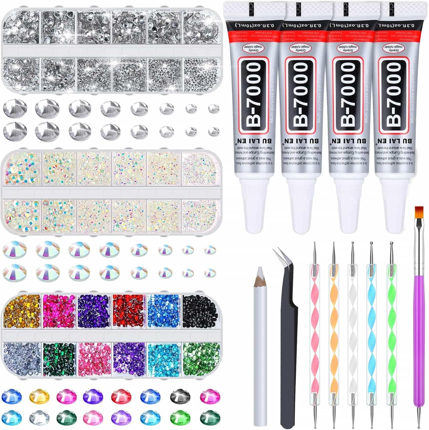 shynek B7000 Jewelry Glue with Rhinestones for Crafts, 6300Pcs Rhinestones with Picker Pencil