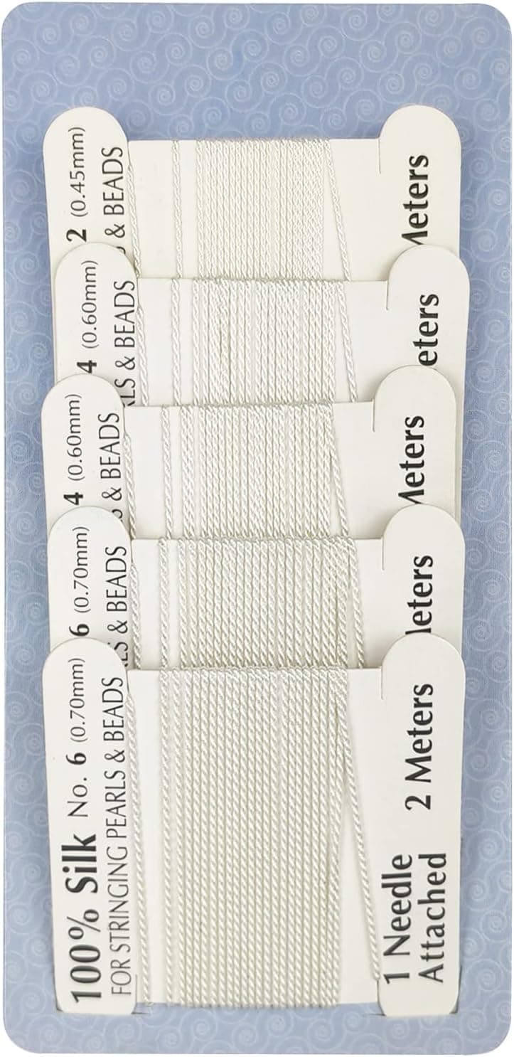 The Hobbyworker 5pcs Silk Beading Cord Thread and Needles Size 2/4/6 White for Knotting Pearl Crystals Gemstones and Beads