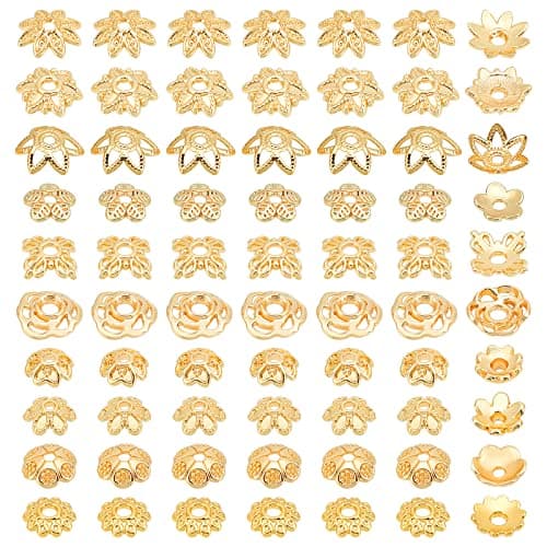 PH PandaHall 14K Gold Flower Bead Cap, 100pcs 10 Styles Bead End Caps Brass Filigree Metal Spacer Beads Caps End Charm Caps for DIY Earrings Bracekets Necklace Jewelry Craft Making
