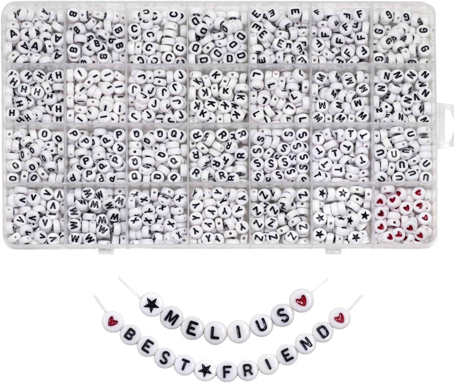 Melius Acrylic Letter Beads, 1450 Pcs 4x7mm Round Alphabet Beads in 28 Grid Box for Jewelry Making, DIY Bracelets (White)