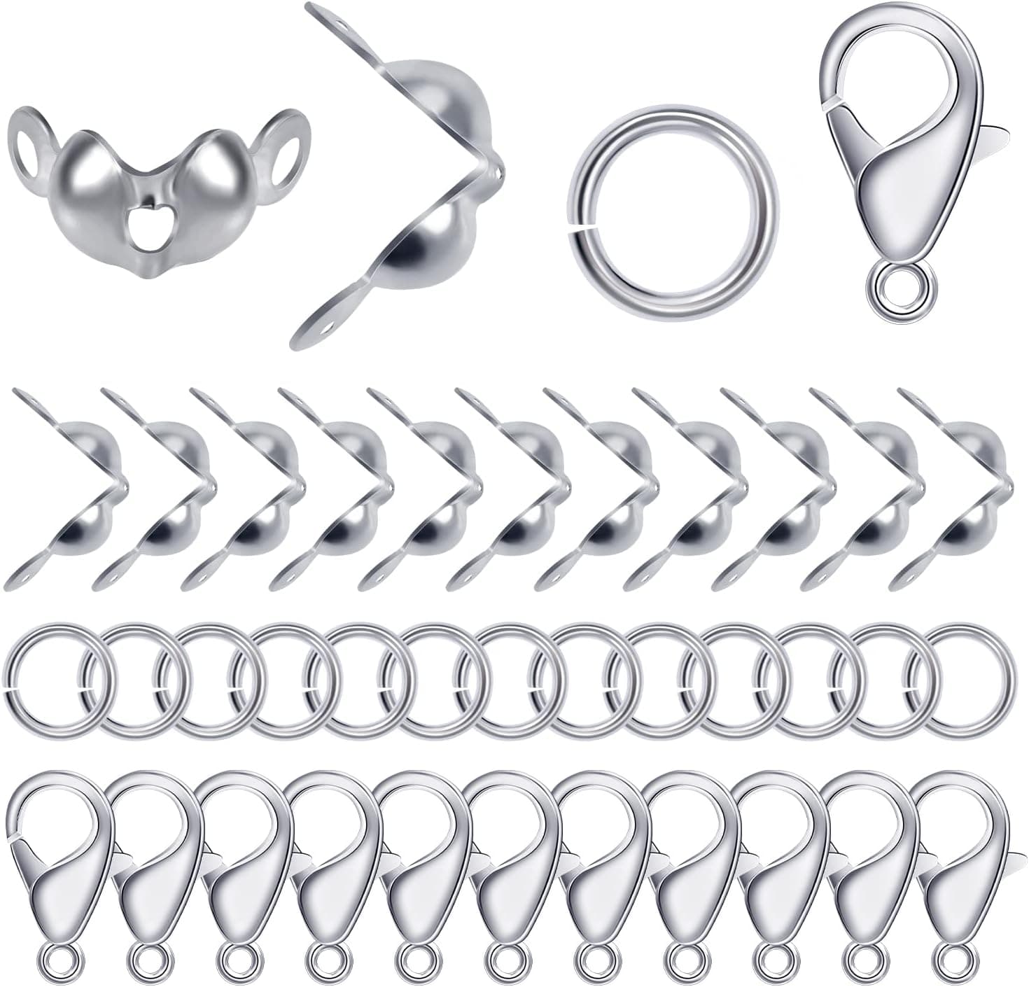 500 Pcs Jewelry Making Accessories Set Includes 100 Pcs Lobster Claw Clasps 200 Pcs Open Jump Rings 200 Pcs Bead Tip Knot Caps (Silver)