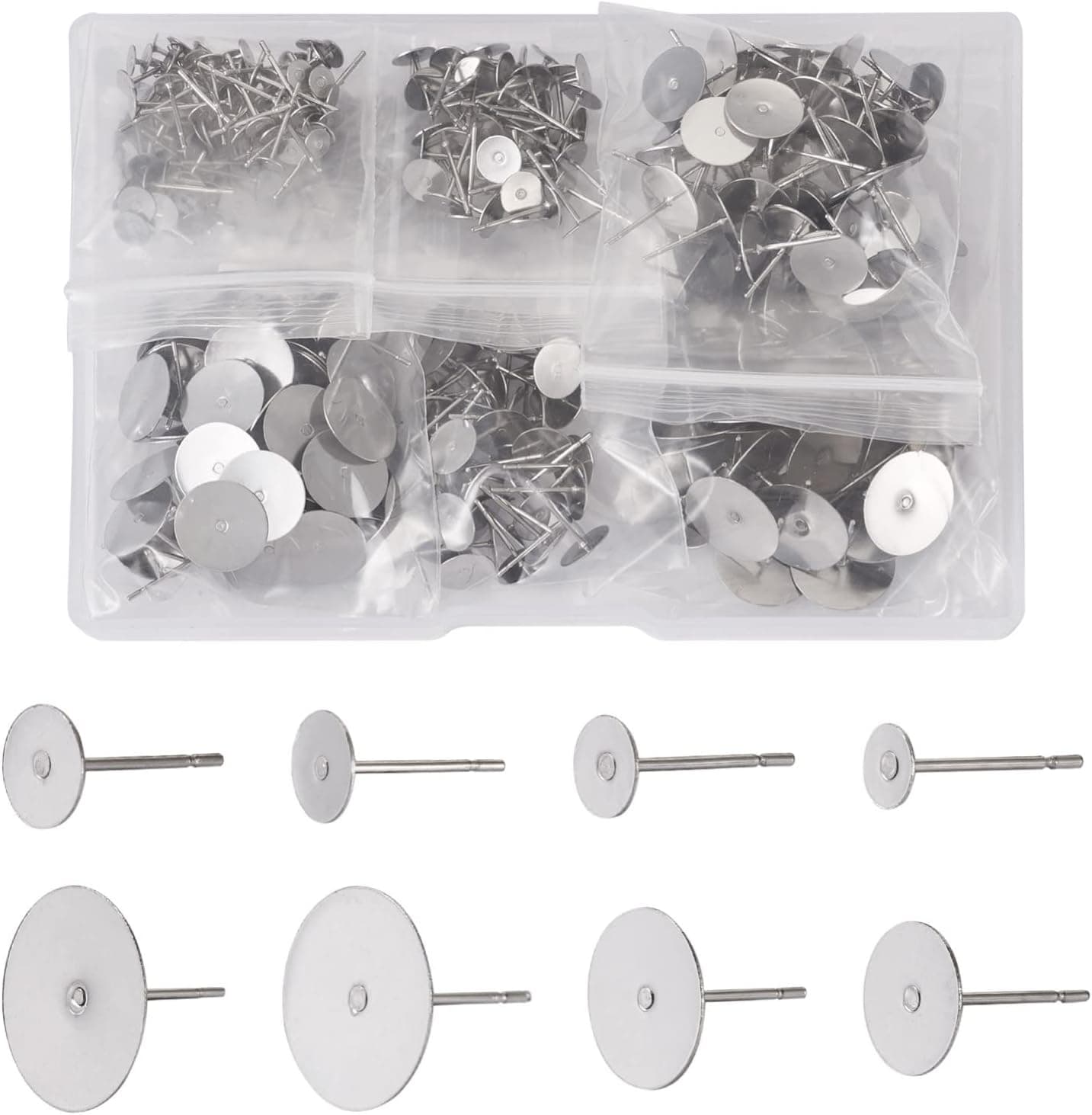 Craftdady 400Pcs 3-14mm Stainless Steel Earring Posts 8 Sizes Flat Pad Earring Studs Flat Round Blank Pads