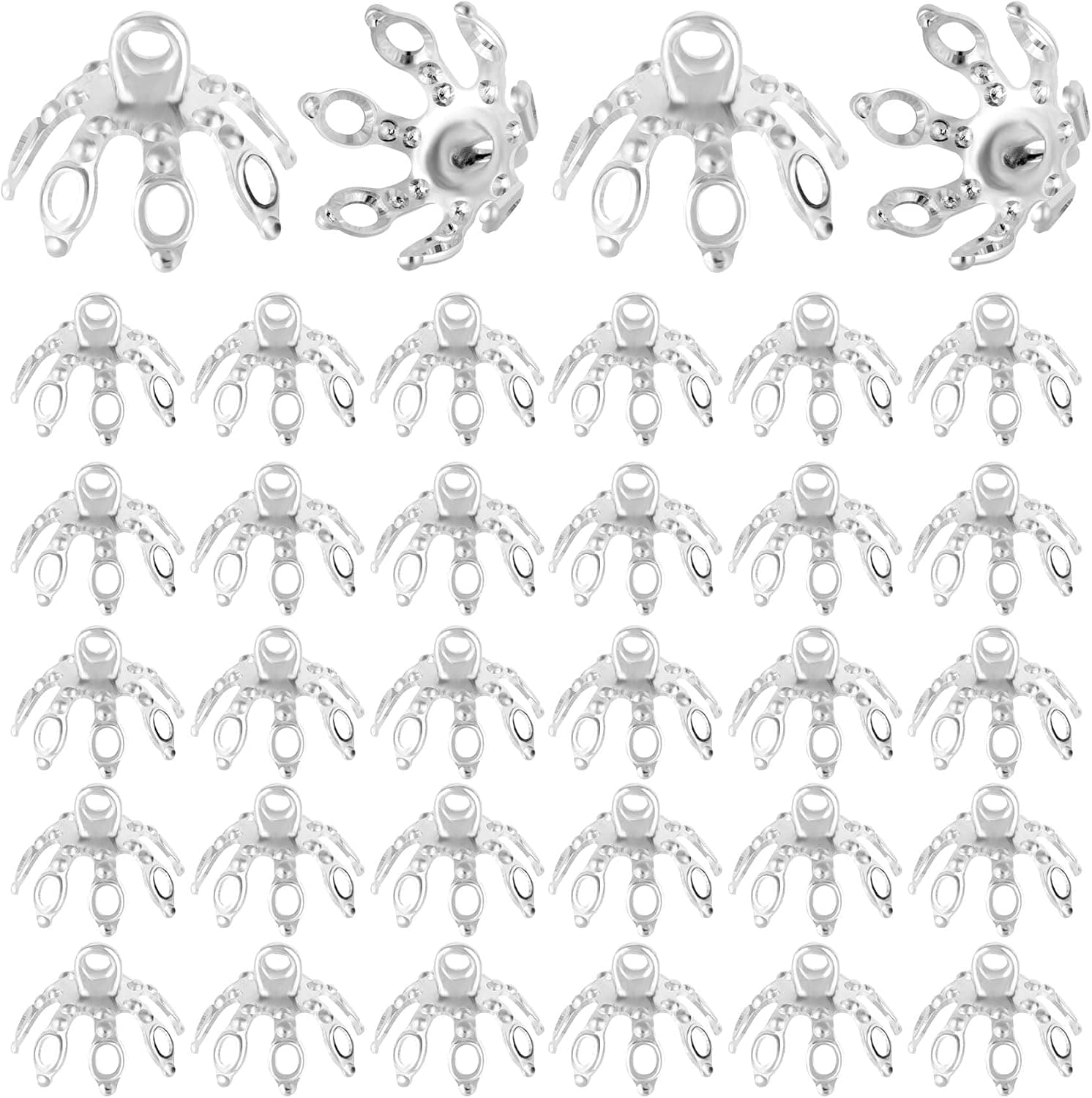 ANCIRS 100 Pack Flower Bead Caps Toppers for Jewelry Findings, 7 Prong Bell Bead Cap Bail End with Loops - Silver