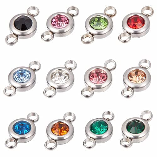 SUNNYCLUE 1 Box 24Pcs Rhinestone Connector Charms Birthstone Charms Connectors Stainless Steel Links Christmas Flat Round Linking Charms for Jewelry Making Charms Women DIY Bracelet Earring Crafts