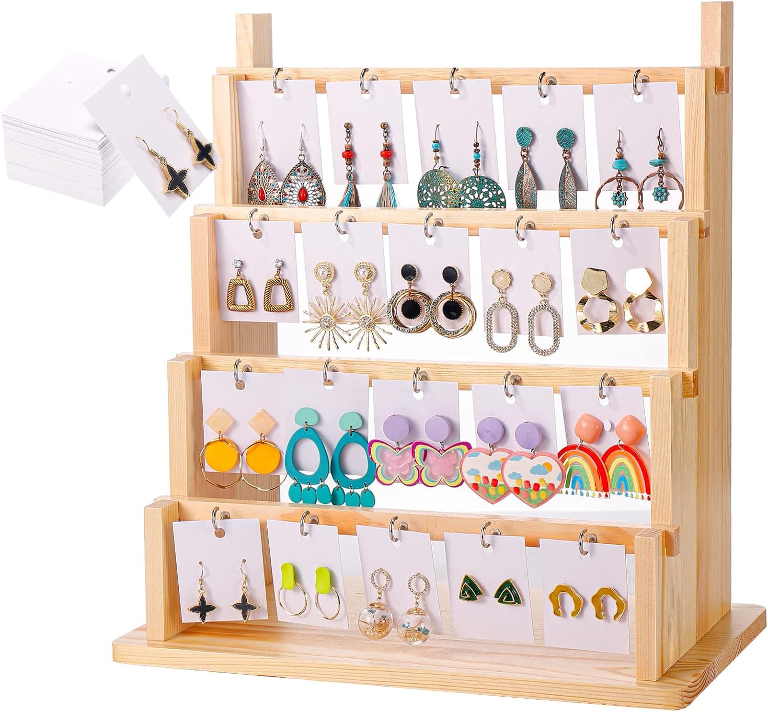 Aulock Earring Display Stand for Selling, Wood Retail 4 Tier Jewelry Display with 100 Earring Cards and 20 Hooks