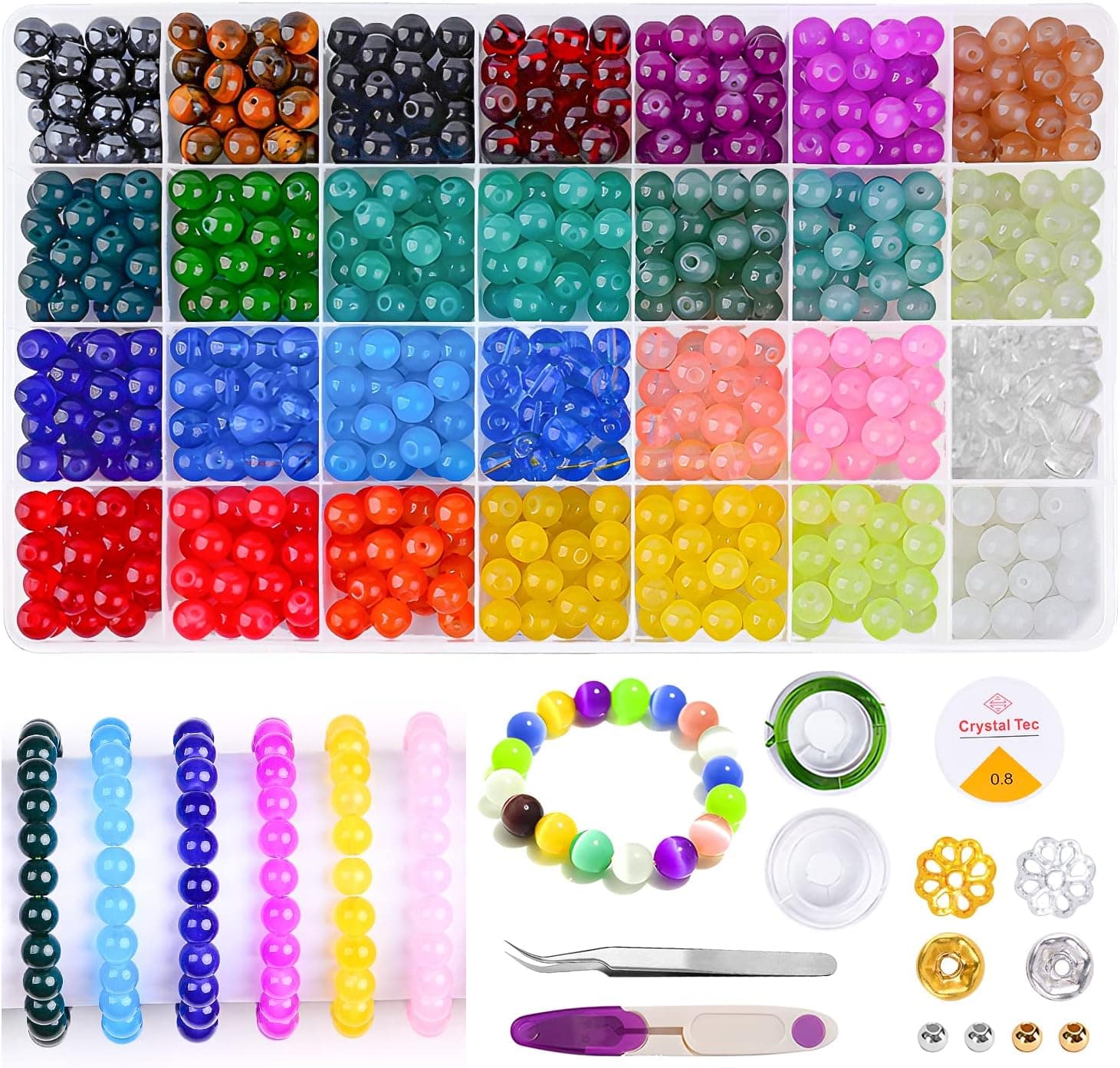 Mizivn 700PCS Glass Beads for Bracelet Jewelry Making, 28 Color 8mm Crystal Gemstone Beaded Bracelets Kit