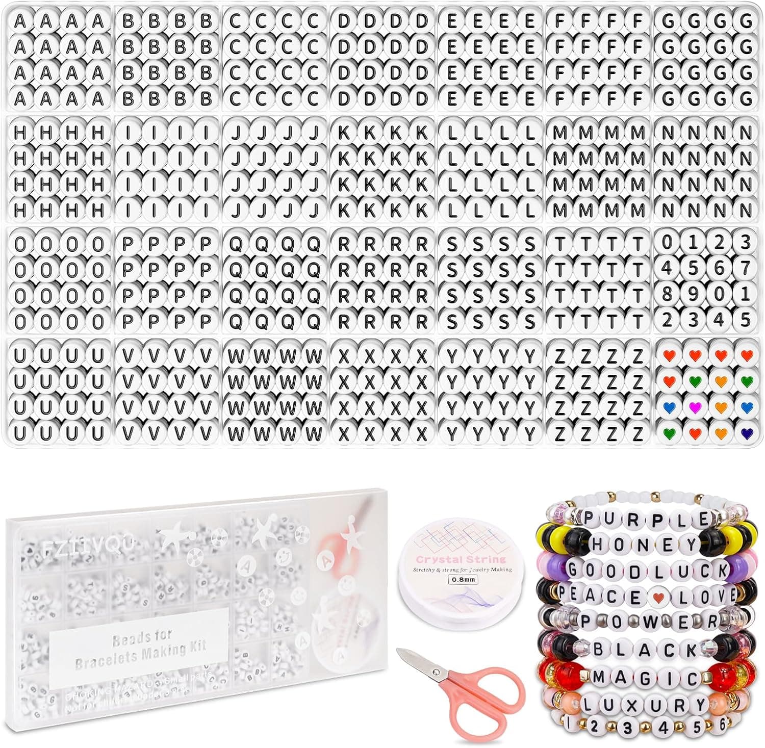 FZIIVQU 1400 Pcs Letter Beads Kit, 28 Styles White Acrylic Alphabet Beads Letter Beads for Jewelry Making with Number Beads Heart Beads