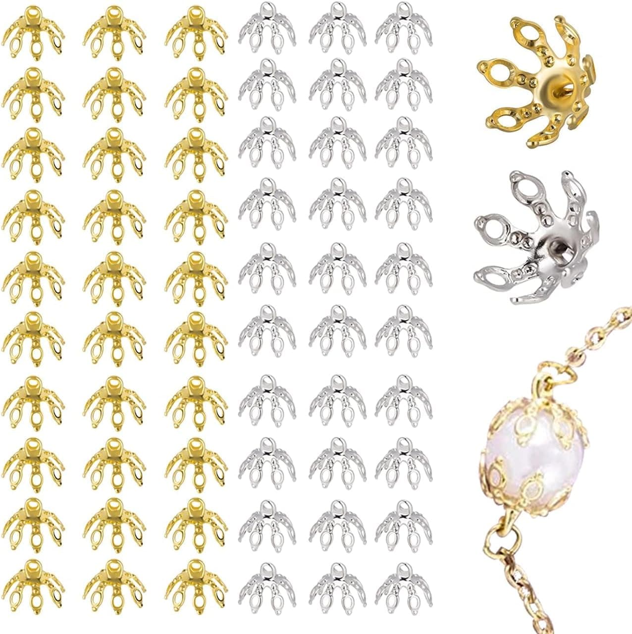 60 Pieces Flower Bead End Caps Toppers for Jewelry Findings, MARRTEUM 7 Prong Bell Bead Cap Bail End with Loops