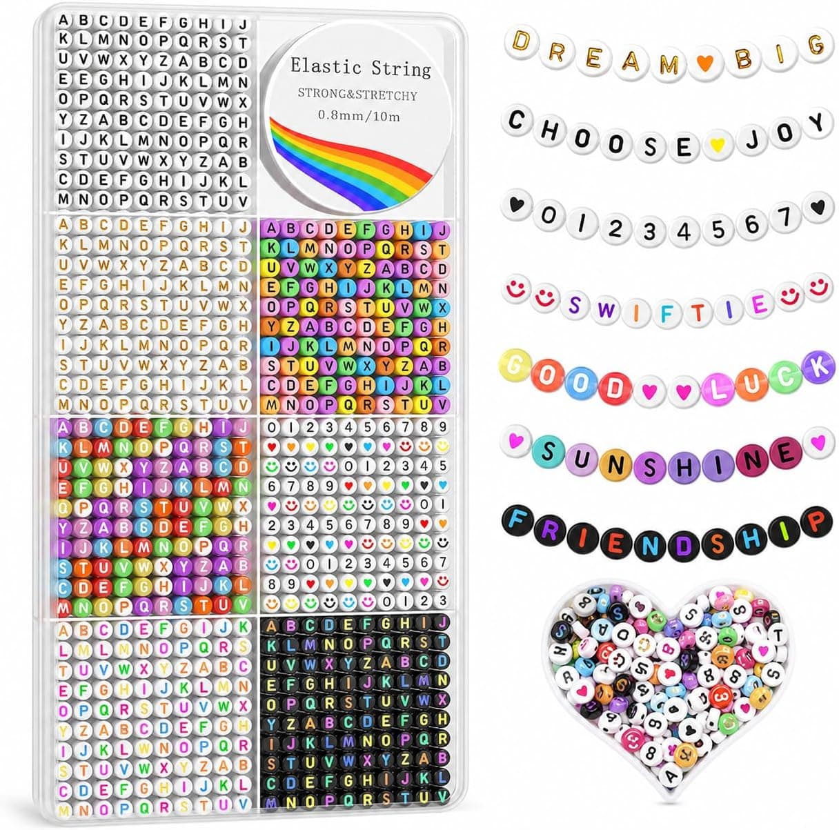 Redtwo 1600 Pcs Letter Beads Kit, 6 Styles of Colorful Alphabet Beads for Bracelet, Number Smiley Face Beads Heart Beads and a Roll of Elastic String