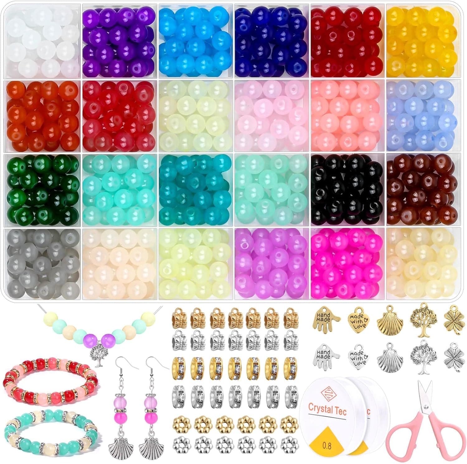 Shynek 753 Pieces Glass Beads Bracelet Making Kit, 24 Color Glass Beads with Spacer Beads and Charms