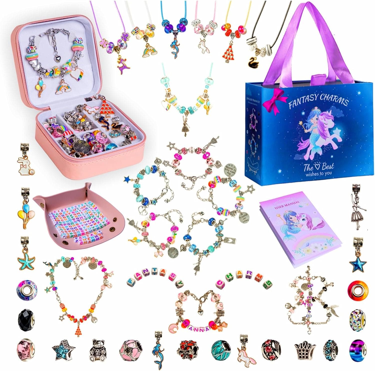 Fantasy Charm Bracelet Making Kit for Girls, 300+ pcs Jewelry Making for Girls 8-12, Kids Charm Bracelet Kit with Letter Beads