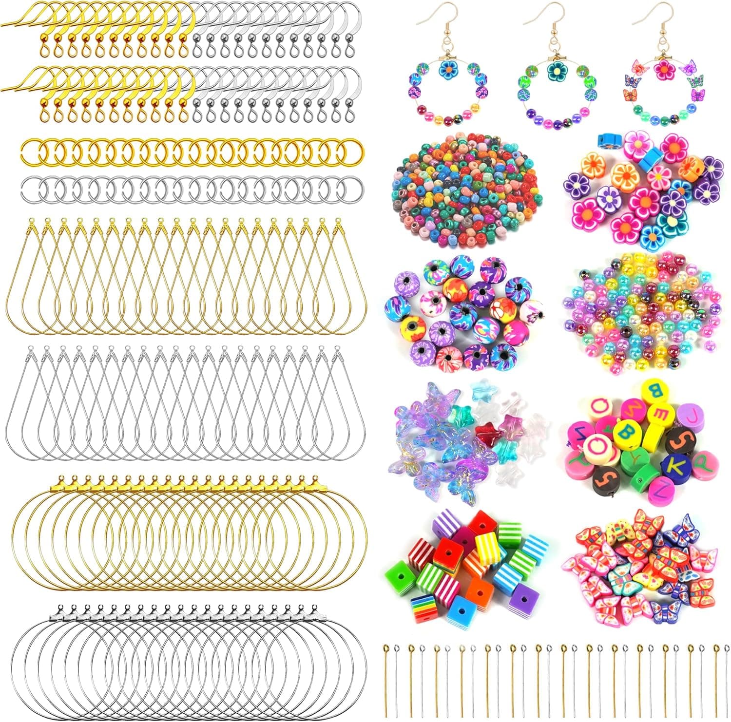 Earring Making Kit with 940 PCS Beading Hoop Earring Finding Component Accessories Hooks Jump Rings Loop Earring Backs Beads and Charms