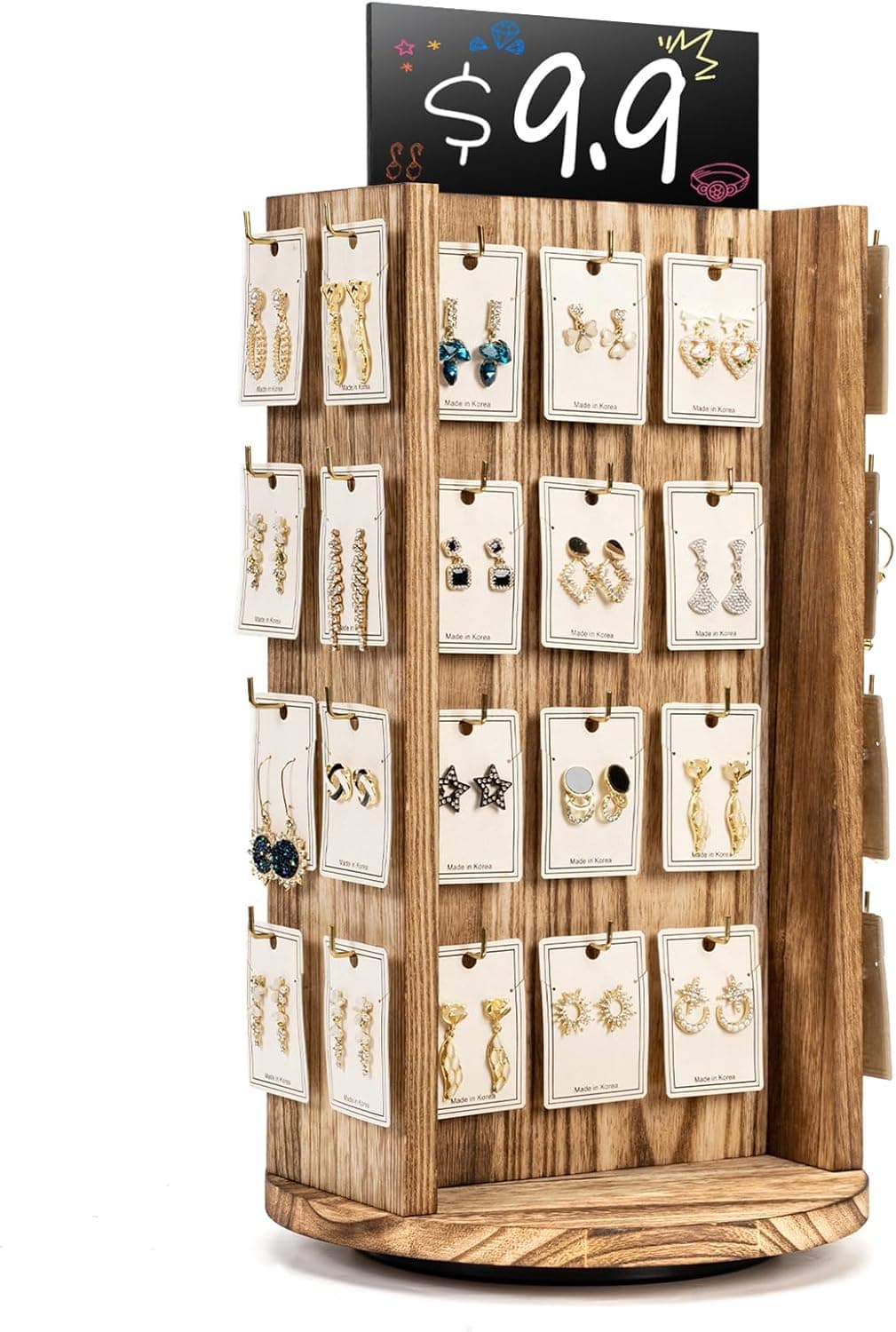 Pinzoveco Rotating Earring Display Stands for Selling with Advertising Board, Real Wood, Carbonized Brown