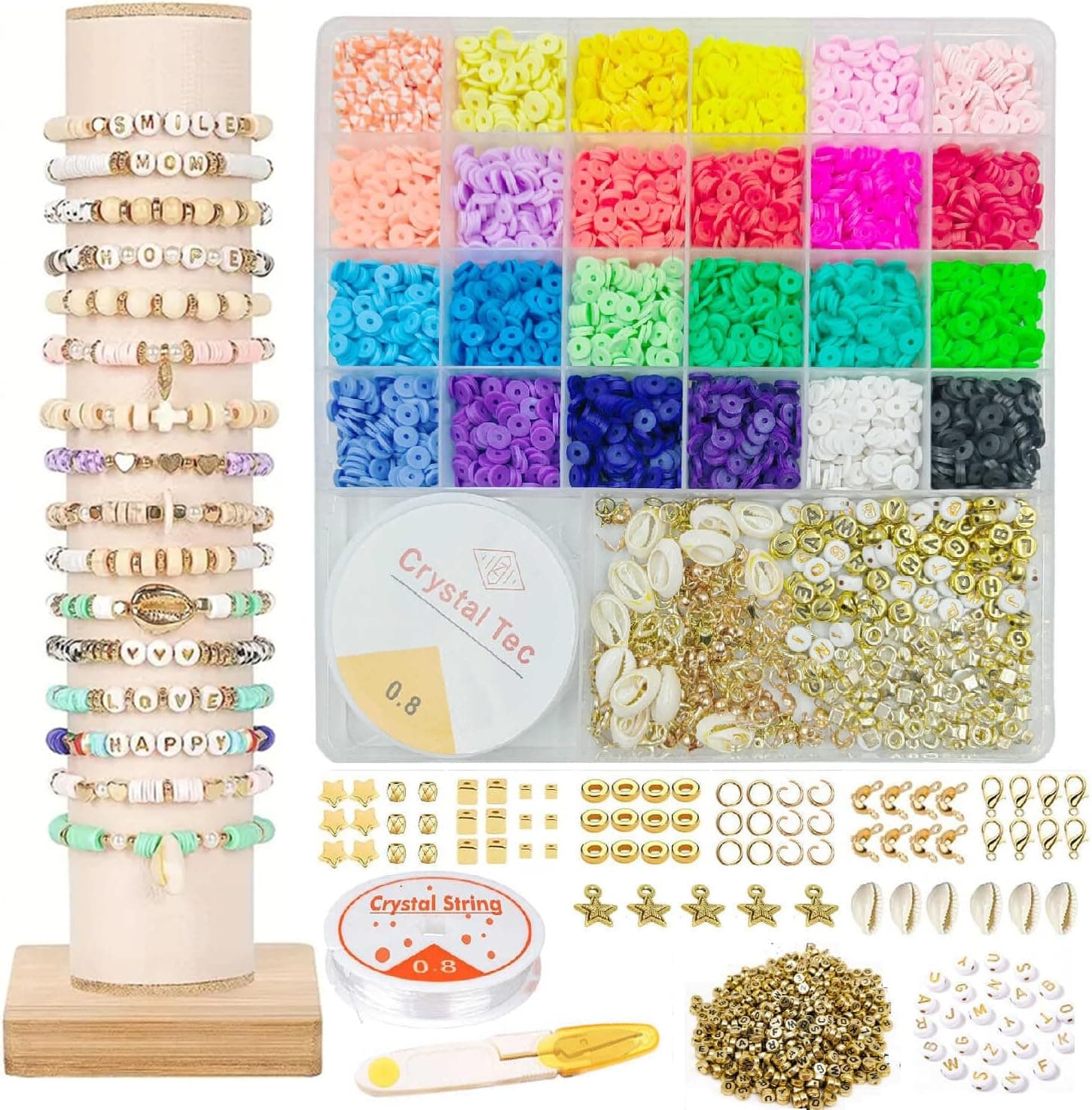 FireBee Friendship Bracelet Making Kit, 24 Colors Polymer Heishi Beads, Speckled Clay Beads, Letter Beads, Charms with Strings