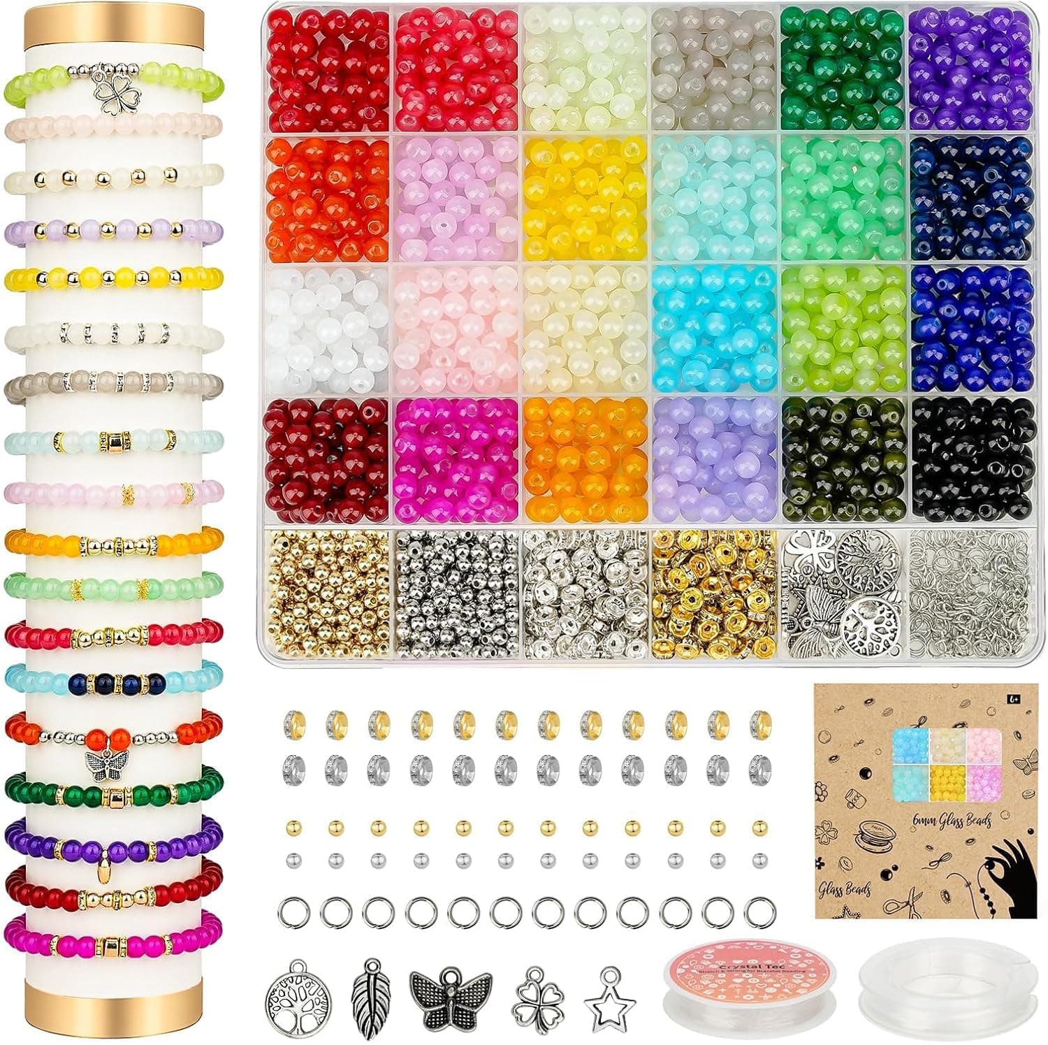 Paodey 6mm Glass Beads Bracelet Making Kit 1400pcs, 24 Colors Crystal Beads for Jewelry Making