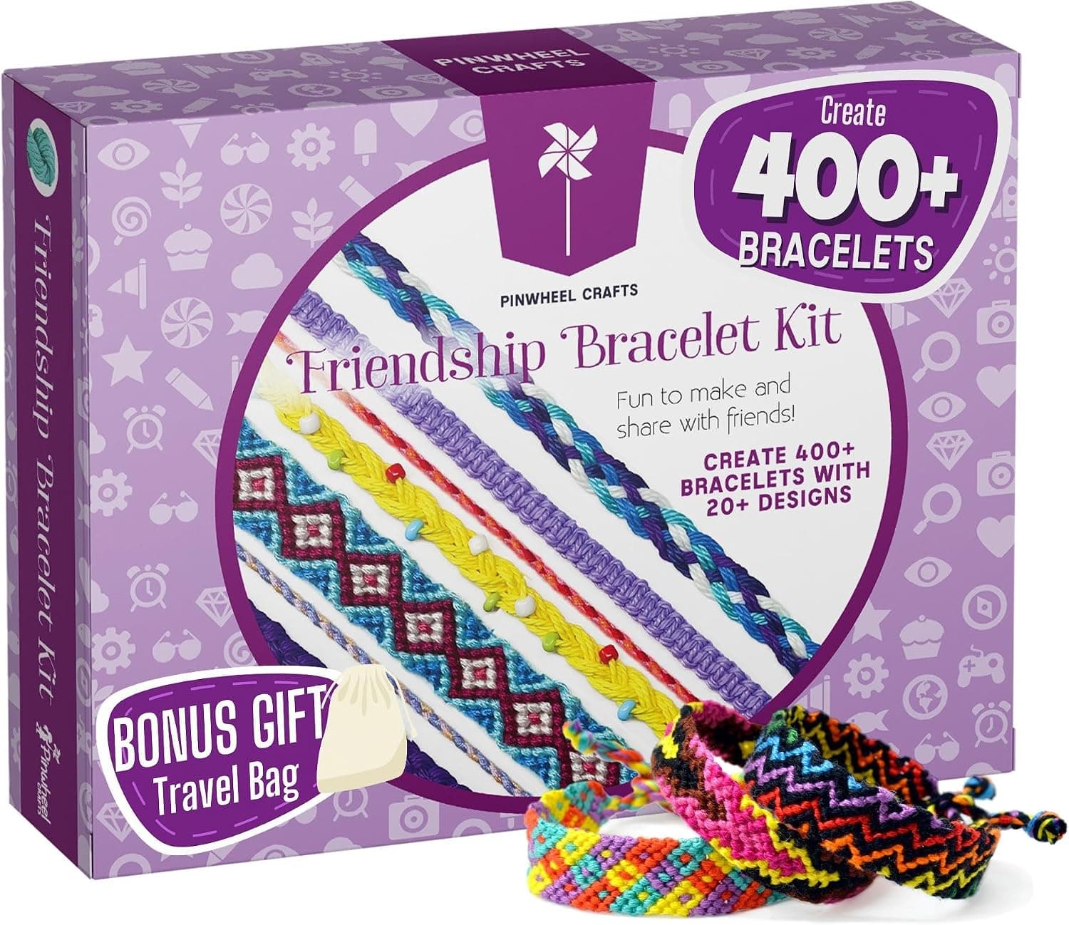 Pinwheel Crafts Friendship Bracelet Kit - DIY String Bracelet Making Kit for Girls 8-12 with 100 Floss, Beads, Braiding Clip