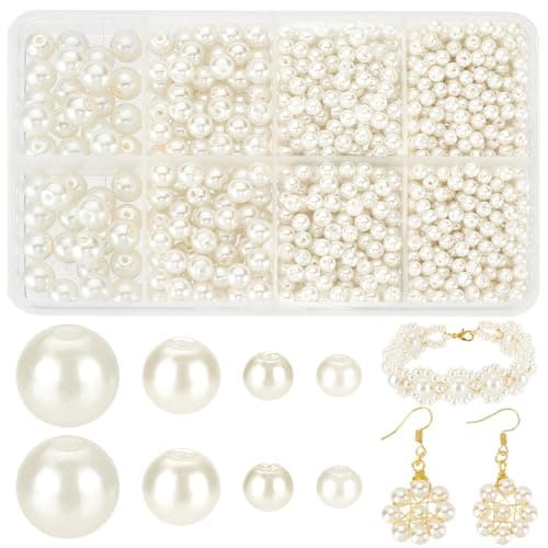 PandaHall 1060pcs 4 Sizes Glass Pearl Beads, 3/4/6/8mm Round Loose Beads for Bracelets Necklaces Jewelry Making, 0.51mm Hole