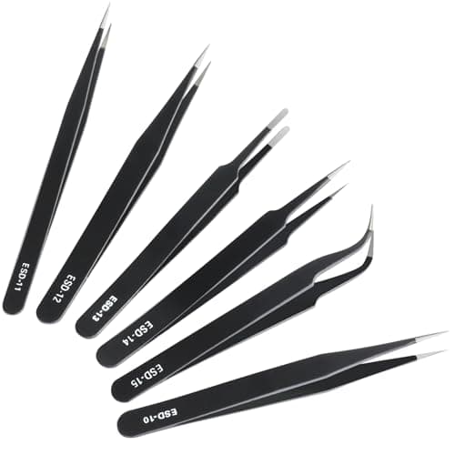 CHERALKEST 6 Pcs Precision Tweezers Set, Anti-Static Stainless Steel Craft