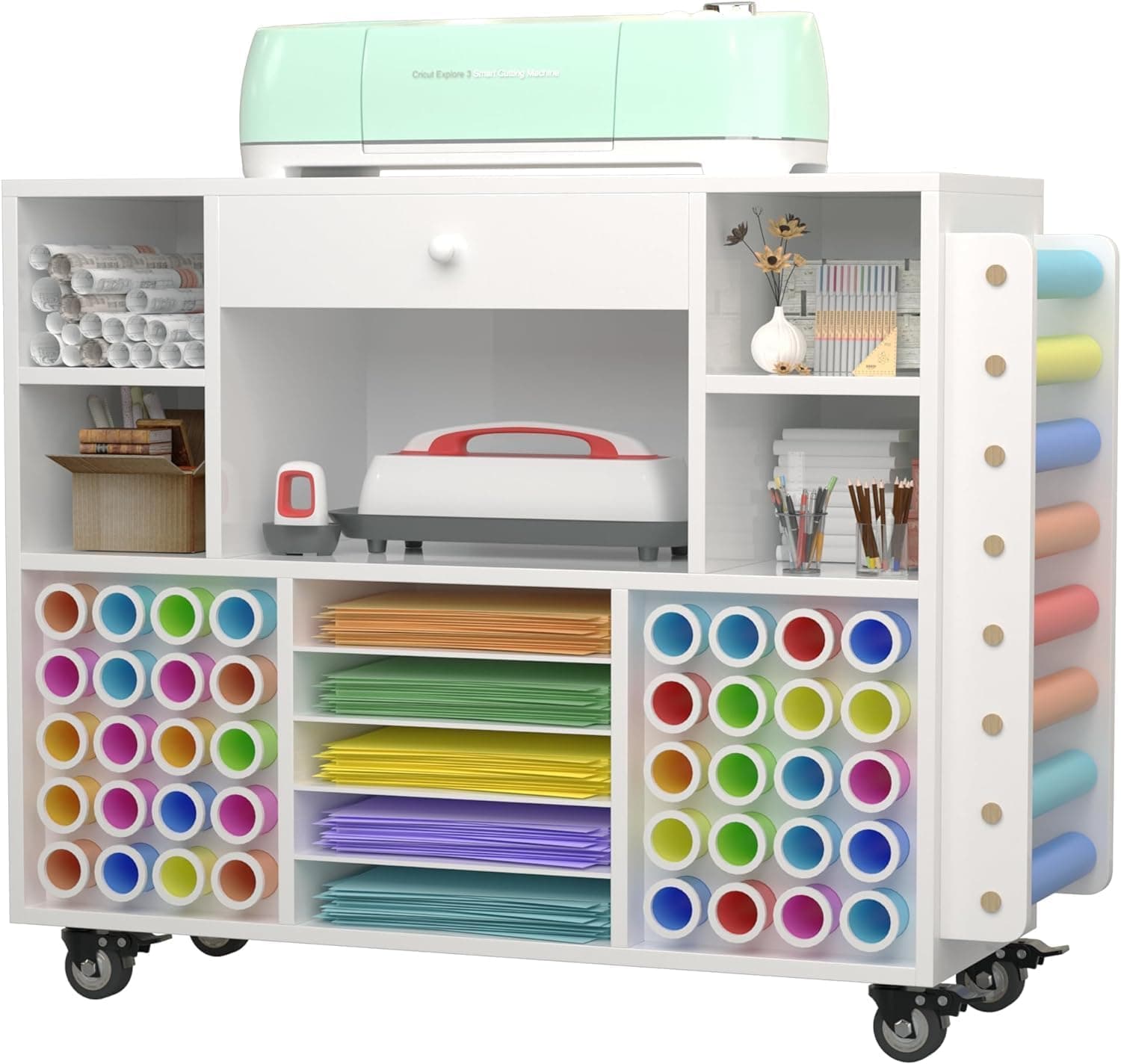 Craft Organization and Storage Cart Compatible with Cricut Machine, Rolling Craft Organizer with Large Drawer and 48 Vinyl Roll Holder