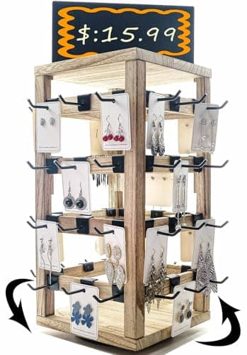 Rotating Jewelry Stand-48 Removable Hooks & Ad Board For Vendor(Brown) | Wooden. For Earrings, Necklaces, Bracelets, And Keychains. For Retail Stores, Craft Shows, Home Storage