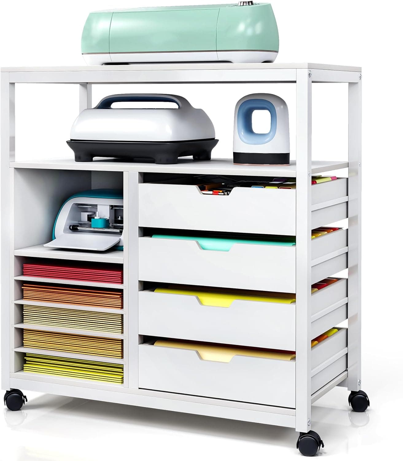 TC-HOMENY Craft Organizer Storage Cart, Rolling Cart with Drawers, Vinyl Roll Holder and Cutting Machine Storage Cabinet