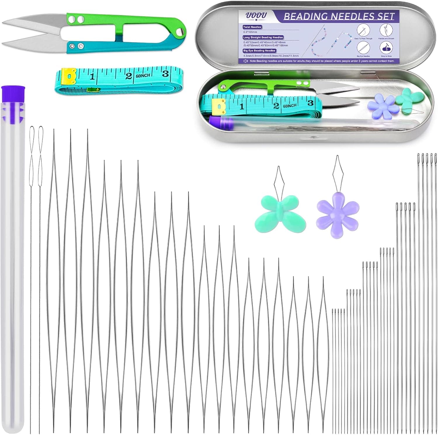 86 Pcs Beading Needle Set, 6 Sizes Big Eye Beading Needles for Seed Beads, Long Straight Bead Needles, Twist Beading Needles