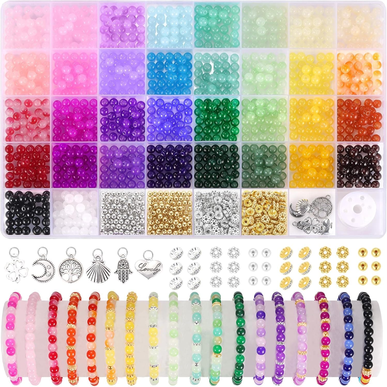 Funtopia 1368pcs 6mm Glass Beads for Bracelets Jewelry Making Supplies, 34 Colors Crystal Round Glass Beads