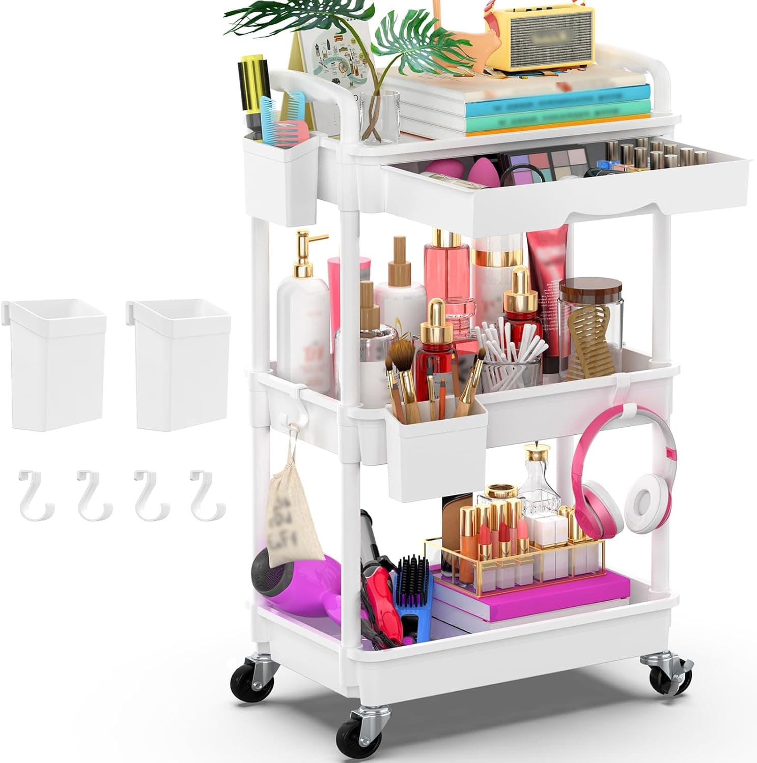 Goovilla 3 Tier Rolling Utility Cart Organizer with Removable Drawer and 2 Lockable Wheels