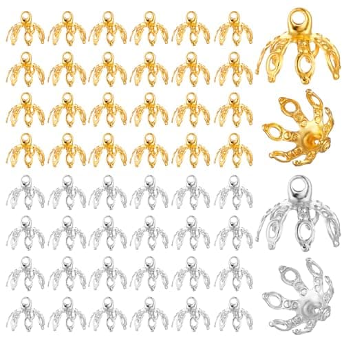 50 Pcs Bead Caps for Jewelry Making Flower Bead End Caps Toppers End Cap Bails for Necklace 7 Prong Bell Bead Cap Bail End with Loops for Bracelet DIY Crafts Earring Necklaces Ornament Pendant Jewelry