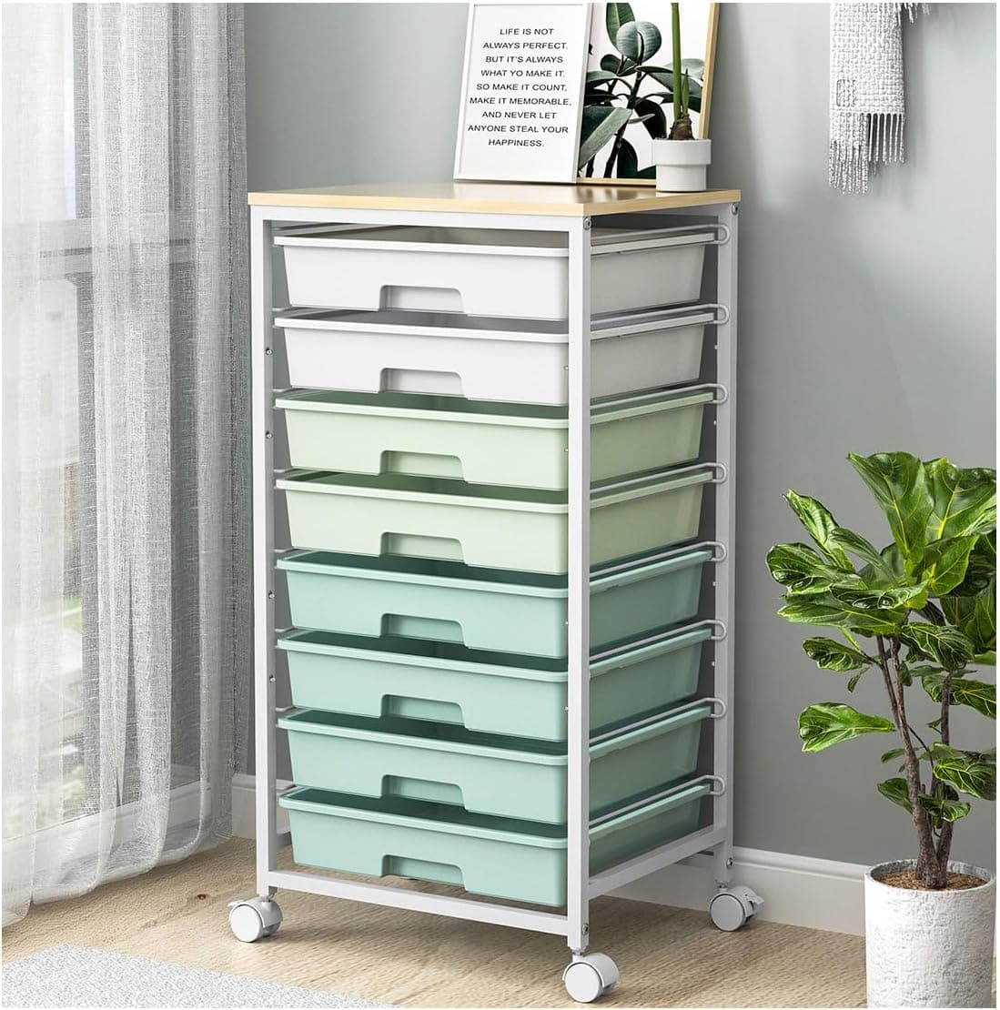 Rolling Storage Utility Cart Organizer with 8 Drawers and Wooden Tabletop for Craft Room