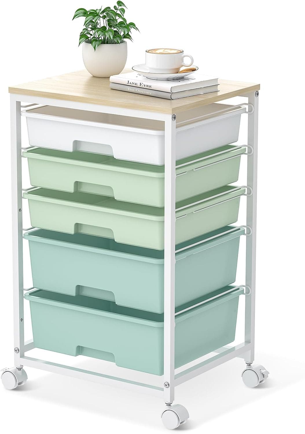 SYKIARIOL Utility Cart with 5 Drawers, Storage Cart with Wooden Tabletop and Lockable Wheels, Craft Storage Trolley
