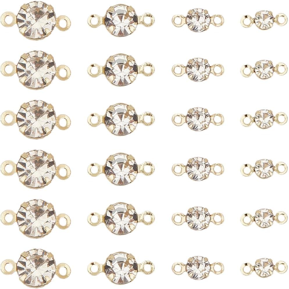 SUNNYCLUE 1 Box 200Pcs 4 Styles Rhinestone Connector Charms Crystal Link Pendant Metal Flat Round Linking Birthstone Charm Connectors