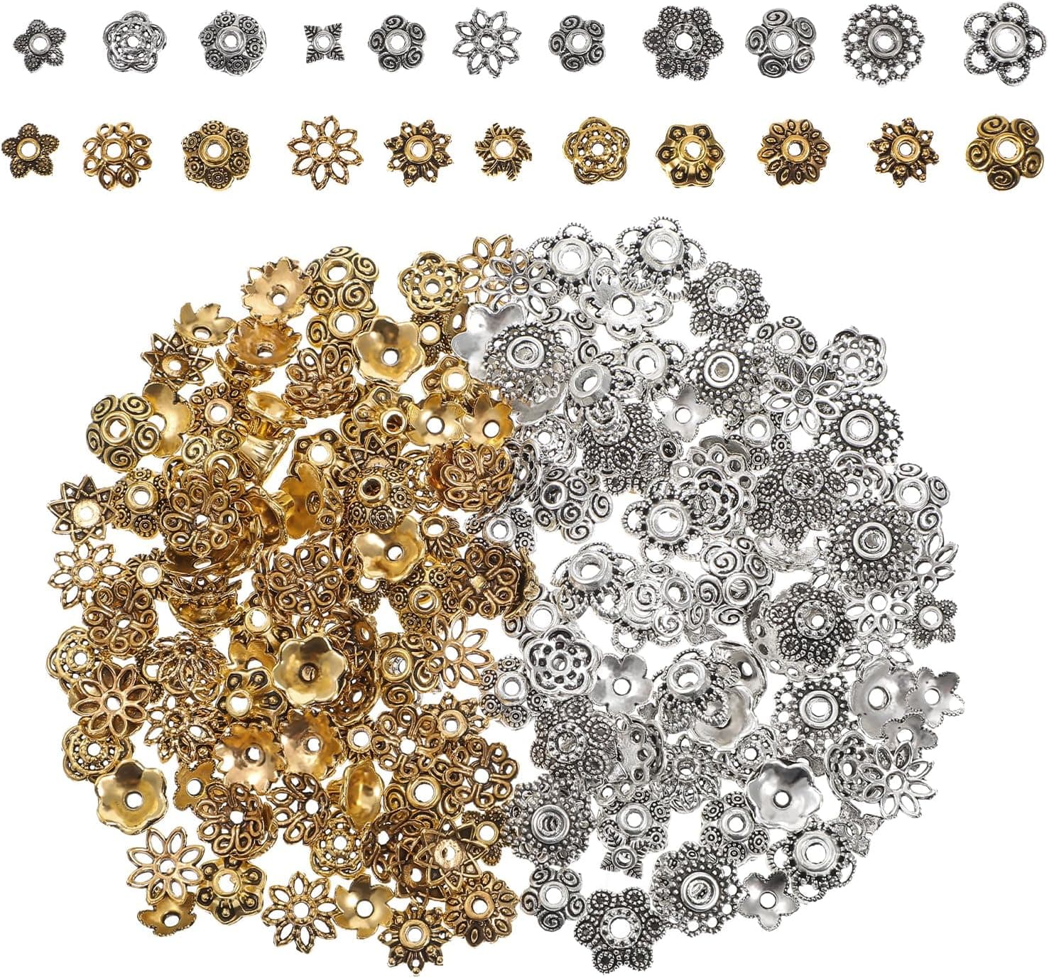 200Pcs 11 Styles Flower Spacer Beads Caps Antique Silver and Gold Flower Bead Caps Vintage Ring Spacer Cap