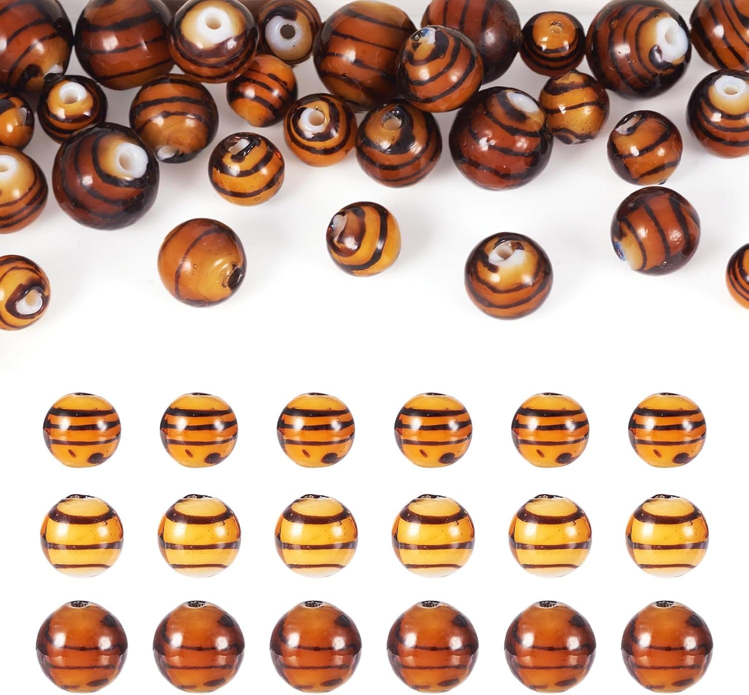 32 Pcs Handmade Lampwork Beads 8/10/12mm Round Striped Millefiori Glass Beads Smooth Czech Murano Beads for Summer Bracelet Necklace Jewelry Making