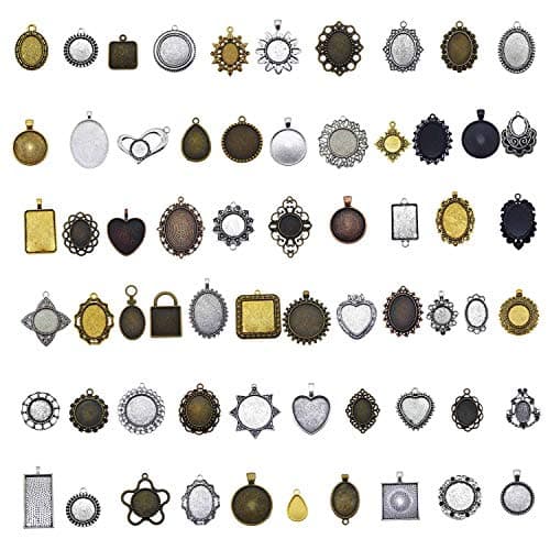 JJGQAZ 60 Pcs Bezels For Resin Jewelry Making, Assorted Mini Bezel Pendant Trays For Jewelry Making, Cabochon Blanks And Pendant Blanks, 8 Shapes, 5 Metal Tones, Alloy Cameo Setting, 0.4-1.6 Inch