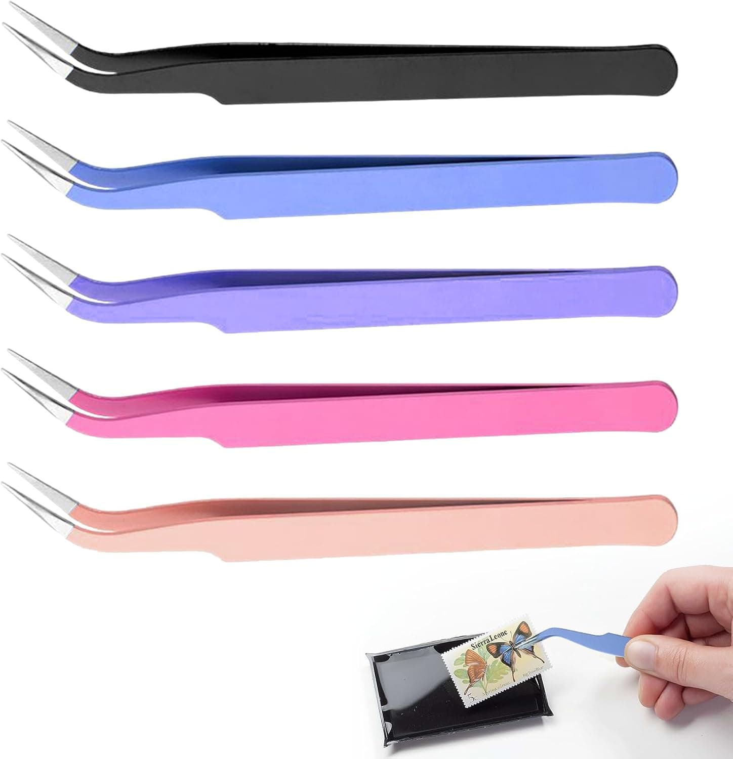 Nouiseuns Curved Craft Tweezers - 5 Pcs Stainless Steel Tweezers Set with Curved Precision Tips for Fine Detailing in DIY, Stickers, Cards & Jewelry Projects