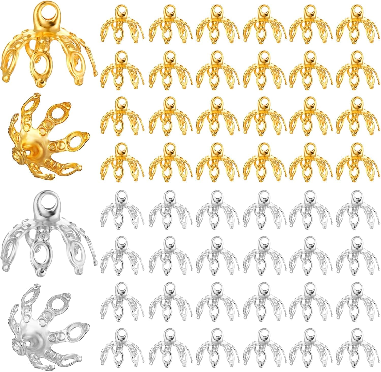 50 Pcs Bead Caps for Jewelry Making Flower Bead End Caps Toppers 7 Prong Bell Beads Cap for Necklace Metal Spacer Bail End with Loops