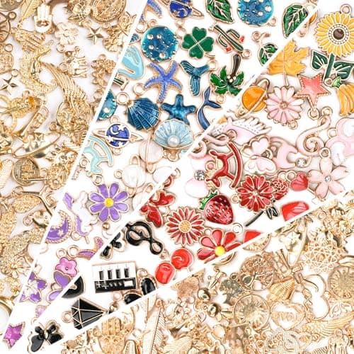 Sistenia 200PCS Charms for Jewelry Making, Bag Charms Bulk Mixed Color | Gold Metal Enamel Charms for Bracelets Keychain Making Cute Fun Pendants for DIY Earring Necklaces Arts & Crafts Supplies