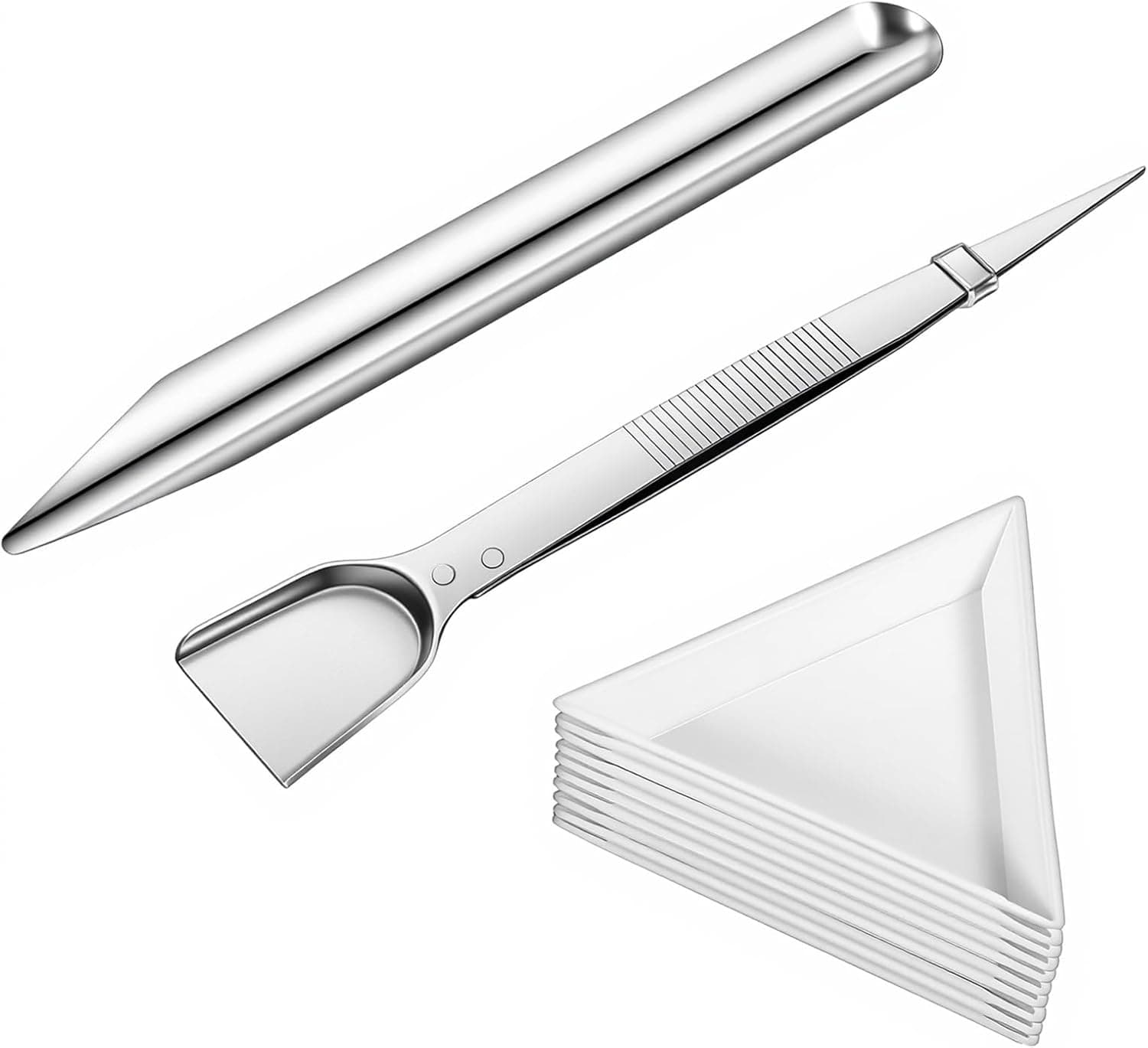 Fiyooau 12 Pcs Bead Scoop, Triangle Bead Sorting Tray Craft Tweezers with Scoop, Rhinestone Scoops Set