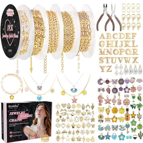 Ecoofor 18K Gold Jewelry Making Kit with Gift Box - 16.6ft 5 Rolls DIY Bracelet & Necklace Chains with 136 Pendants, Jump Rings, Lobster Clasps, Jewelry Pliers & Charm Making Kit, Christmas Gift