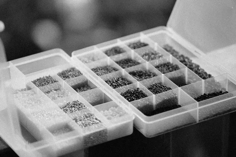 A grayscale close-up image of assorted beads organized in a plastic case, showcasing detailed craftsmanship